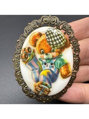 VTG W Germany Filigree MOD Teddy Bear Skater Checker Oval Brooch Anthropomorphic